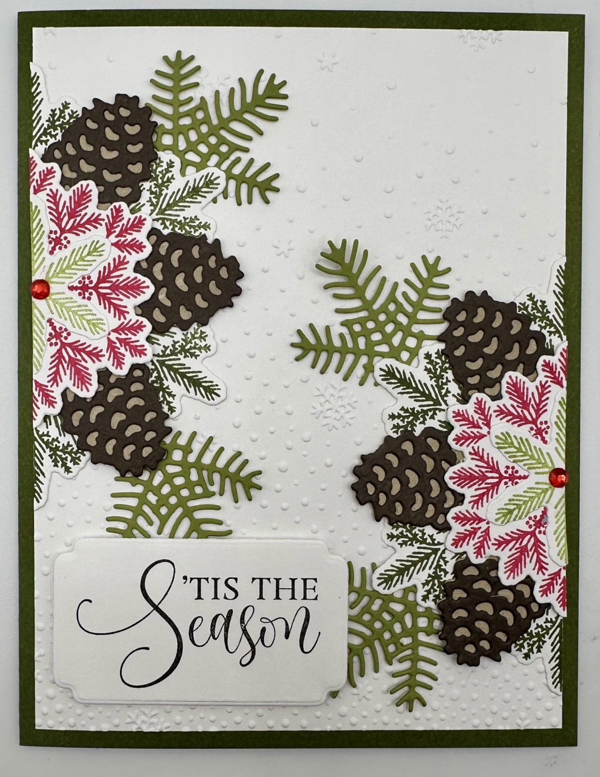 Stampin’ Up Pine Snowflakes Card Kit, Set of 5, Christmas, Embossed, Red Gems