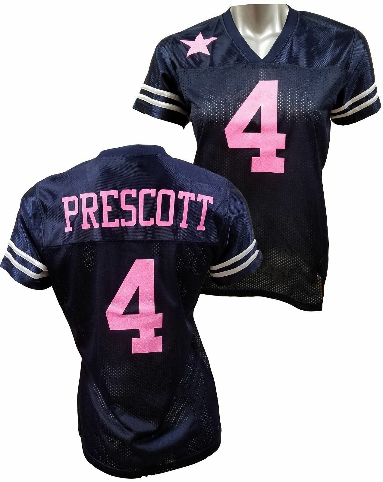 Custom Womens Blinged Football Navy/Pink Jersey, Dak Prescott