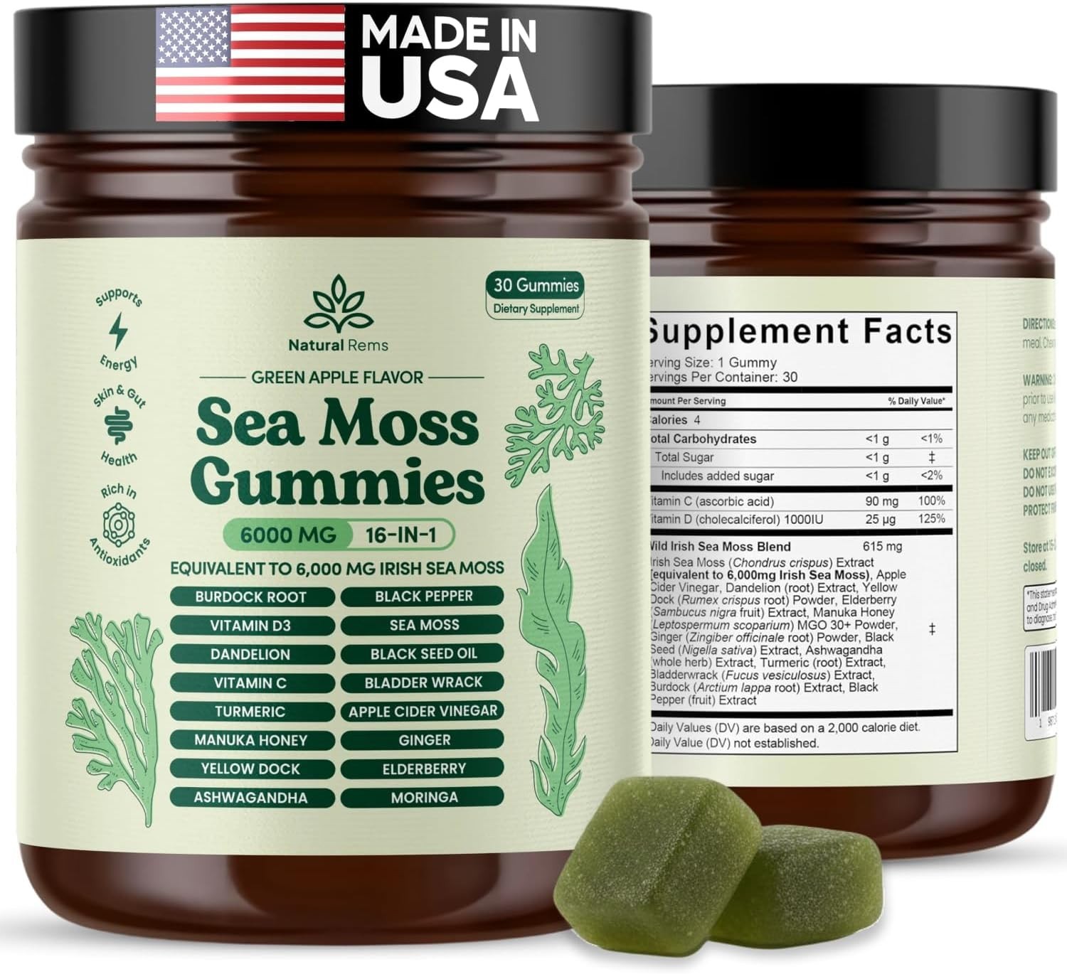 Natural Rems Sea Moss Gummies 16-in-1 – Green Apple Flavor | 30 Gummies