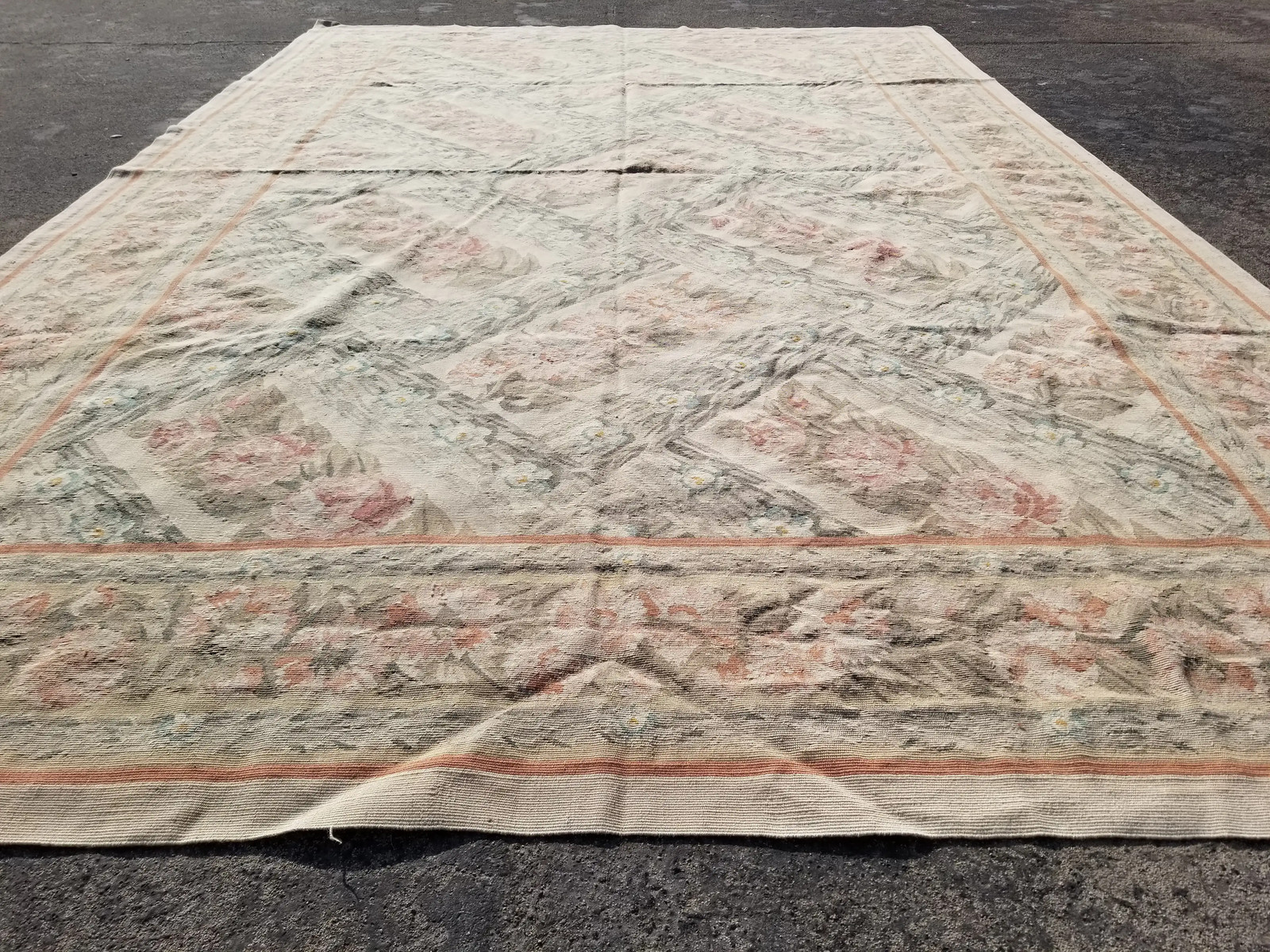 Antique French Handmade Aubusson Floral Wool Multicolor Rug Carpet 9x5.8ft