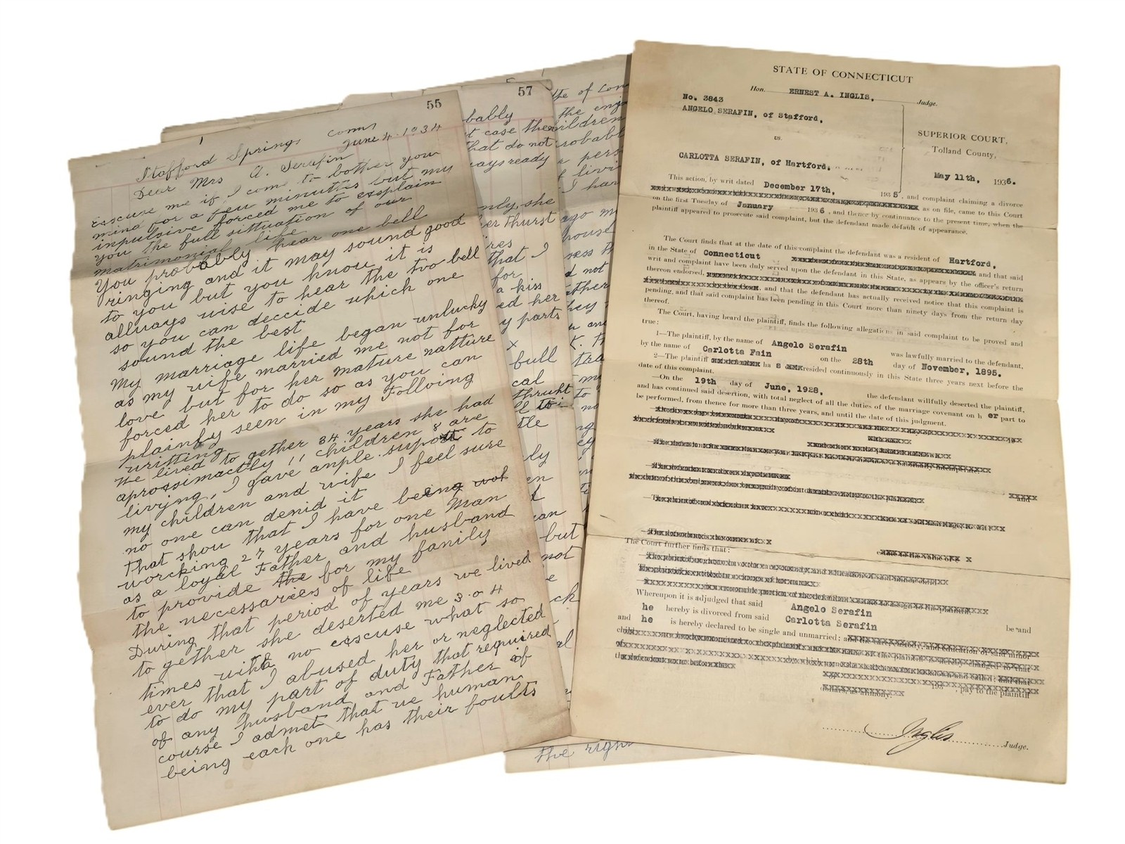 1936 antique DIVORCE papers ANGELO SEREFFS stafford springs ct WRATH HEARTBREAK