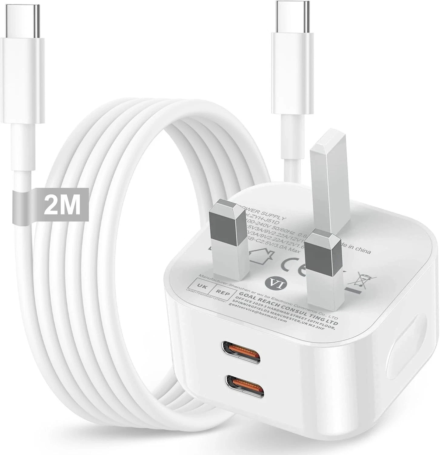iPhone 15 16 17 20W Dual USB-C Charger Plug UK + 2M Cable Fast PD Power Adapter