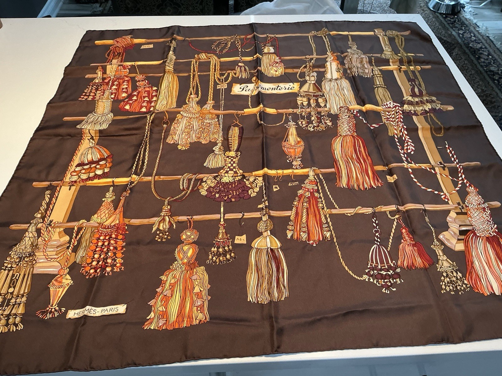 HERMÈS Vintage Passementerie Silk Scarf 34” Françoise Heron Brown Carré 90