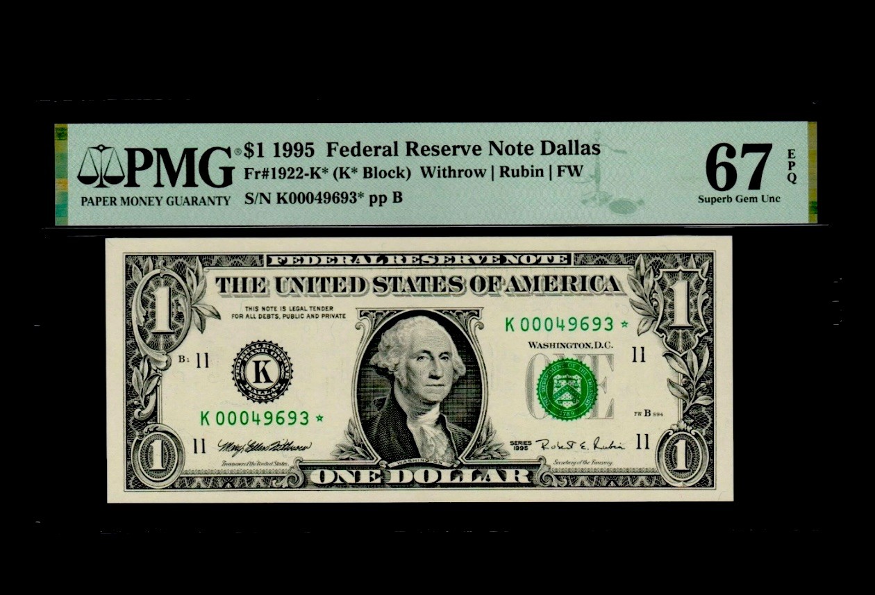 1995 $1 FRN DALLAS. FR: 1922-K* (STAR). PMG: 67 EPQ. SEMI KEY DATE w. LOWER S/N 1995 $1 FRN DALLAS. FR: 1922-K* (STAR). PMG: 67 EPQ. SEMI KEY DATE w. LOWER S/N