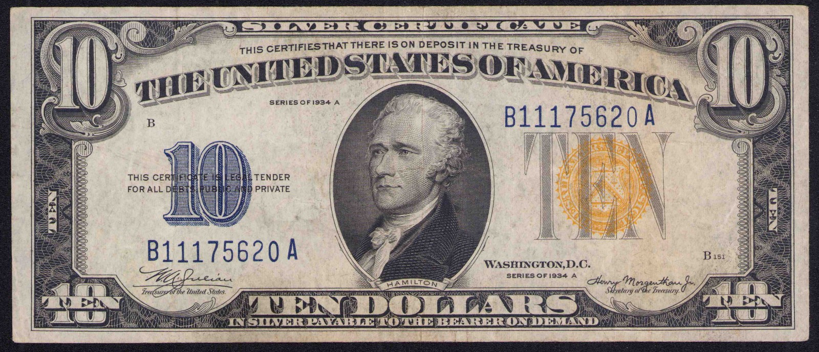 1934 A  $10 North African Emergency Issue Silver Certificate  Fr. 2309 Bright VF