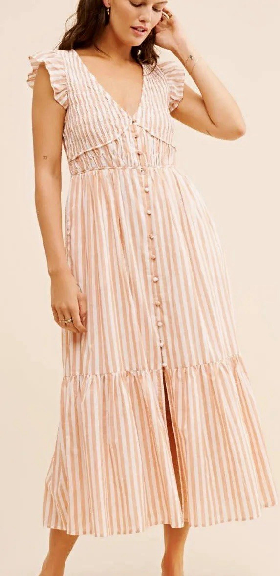 Anthropologie Peregrine Pink/White Striped V Sleeveless Button Ruffle Midi S Anthropologie Peregrine Pink/White Striped V Sleeveless Button Ruffle Midi S
