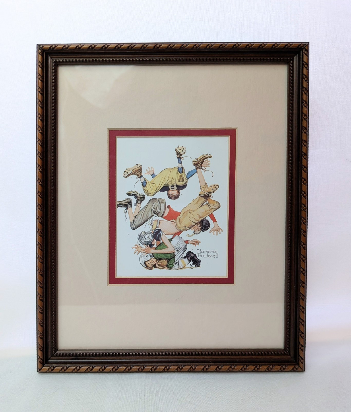 Vintage First Down print by Norman Rockwell, 8 3/4 x 10 3/4 Wood Frame Football