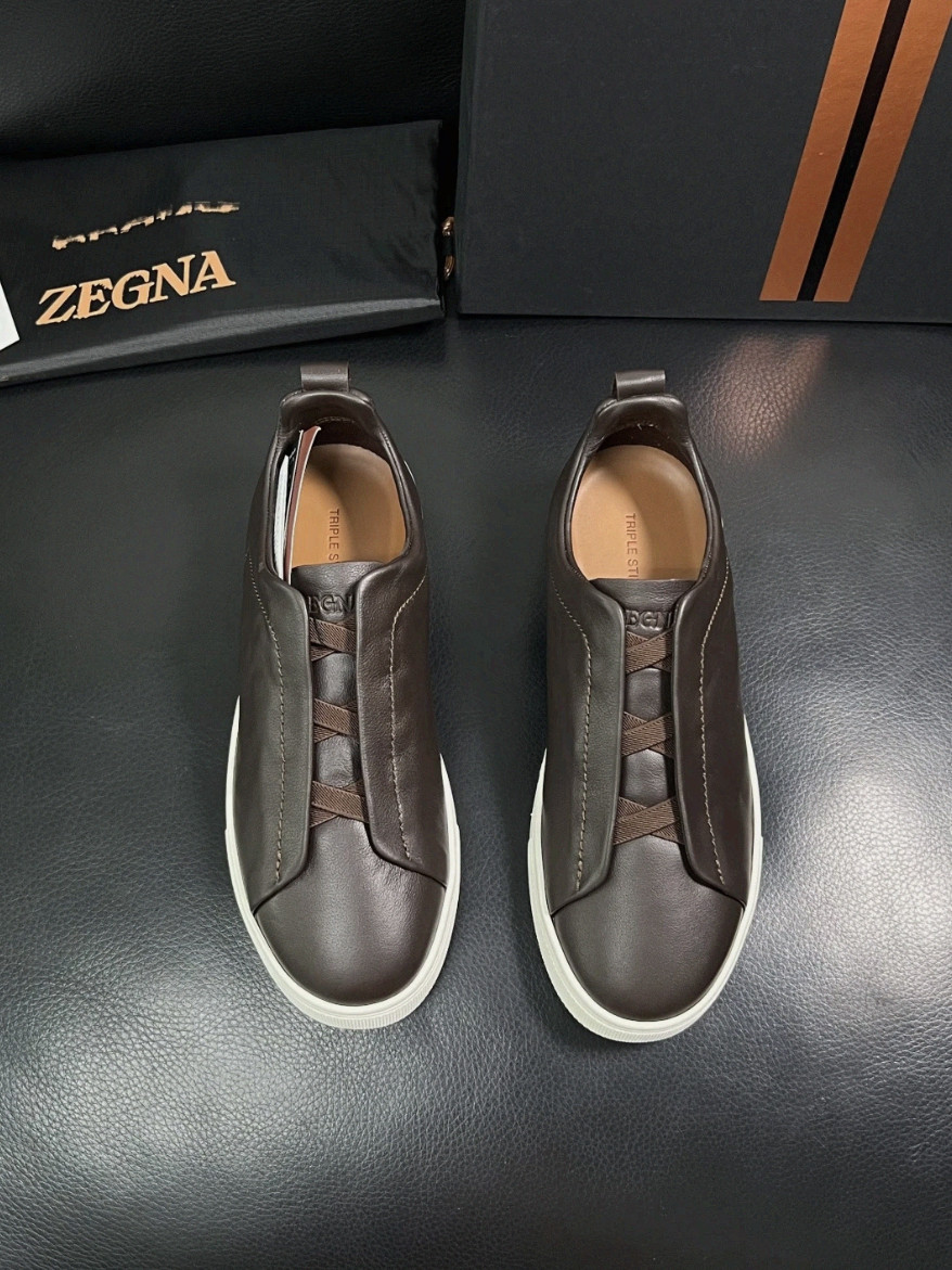 Men's Zegna Triple Stitch Dark Brown Leather Slip On Casual Sneakers