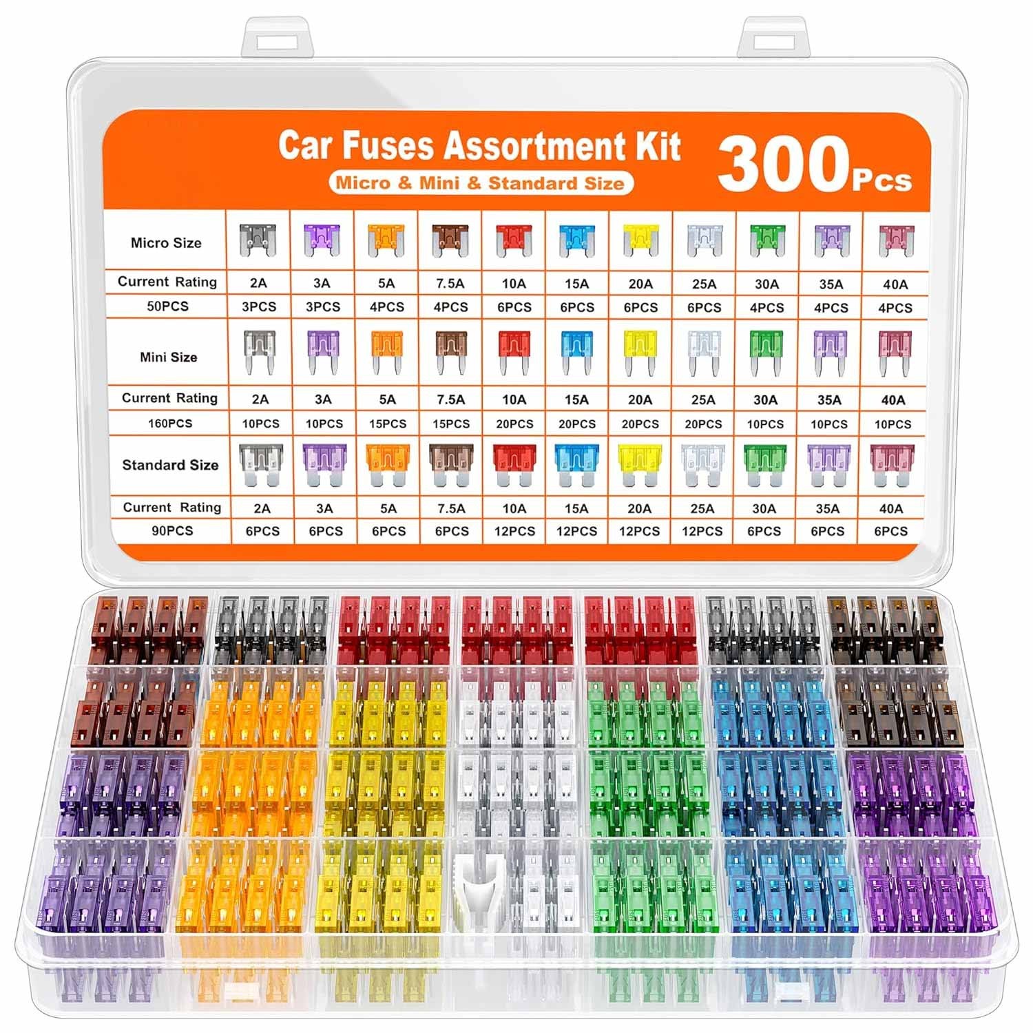 300Pc Blade Fuse Assortment Auto Car Truck Motorcycle Fuses Kit 2-40A 11mm&19mm