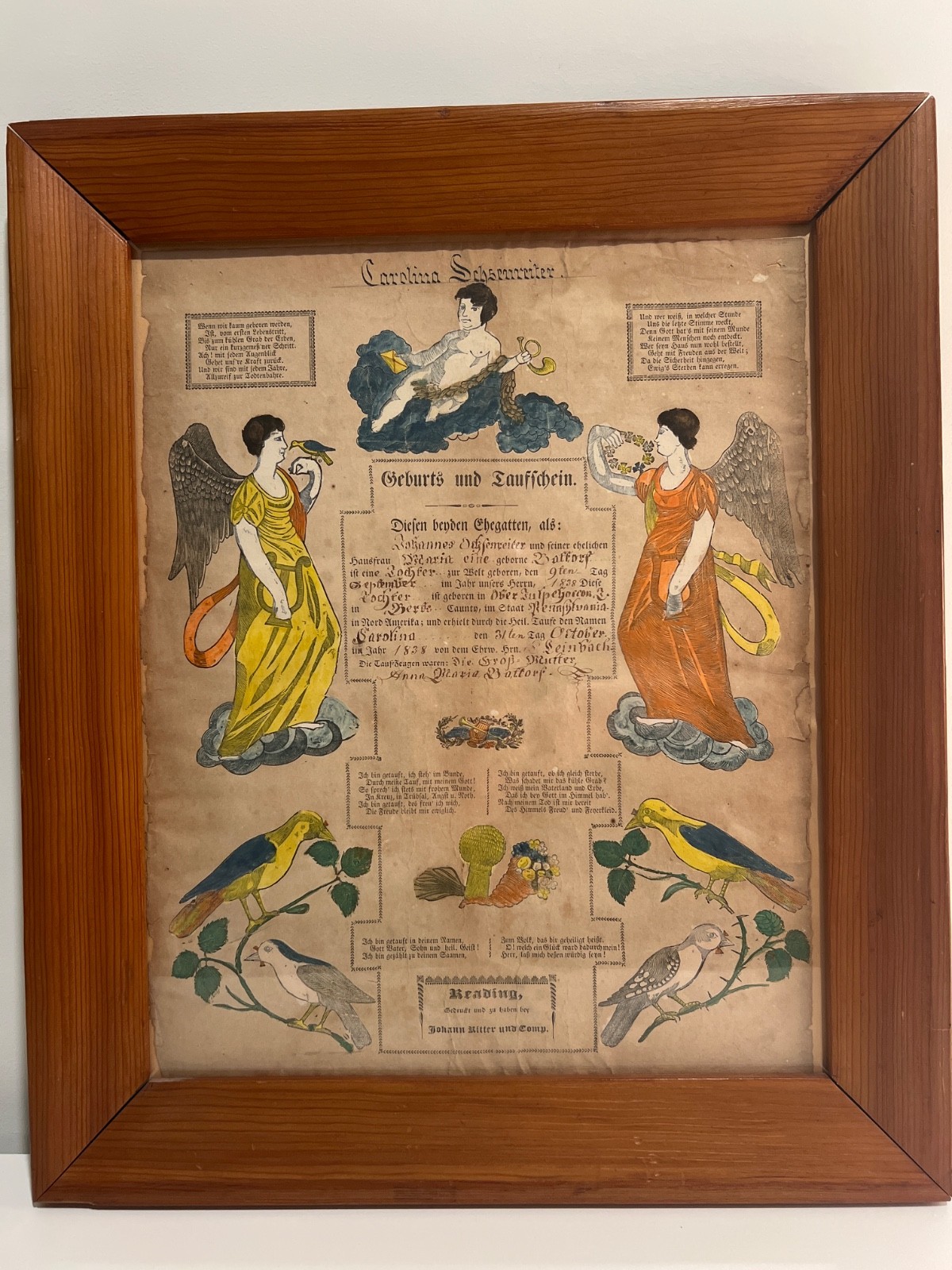 Antique Johann Ritter Pennsylvania German Fraktur Taufschein Framed 1838