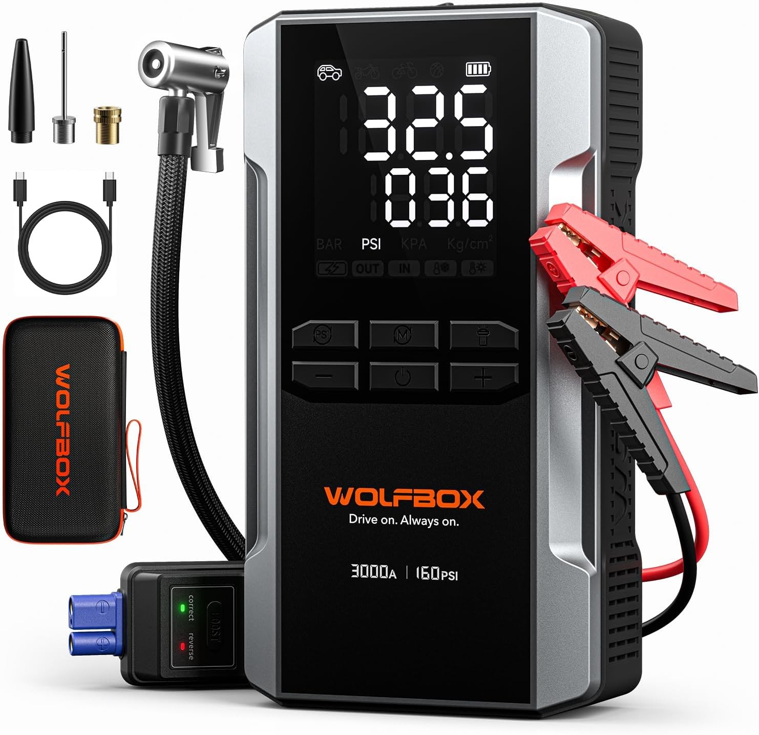WOLFBOX 3000A Jump Starter with Air Compressor, 16000mAh&160PSI Portable Car... 