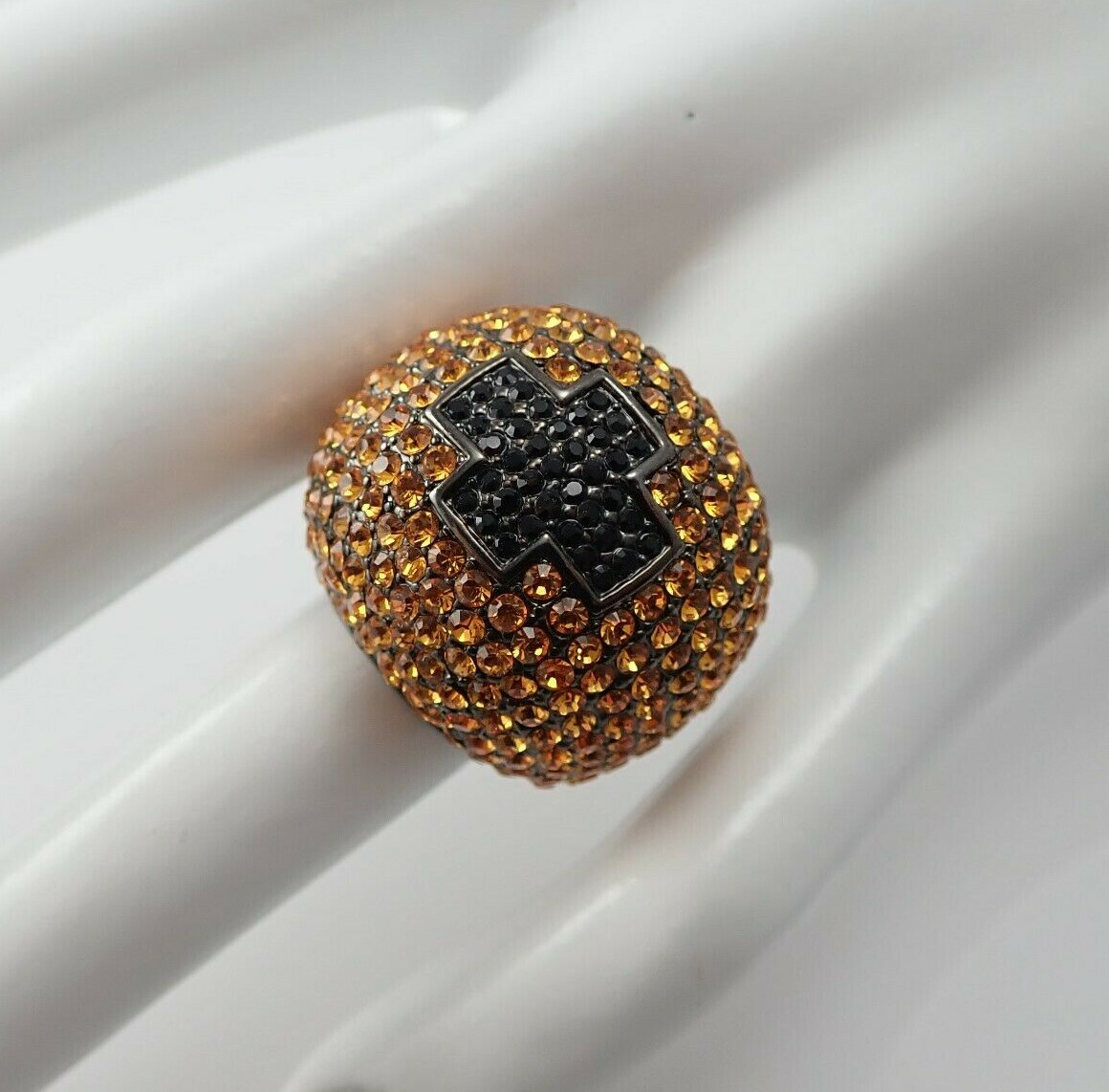Gumetal Gold Crystal Rhinestone Pave Dome Cross Size 4.75 Ring