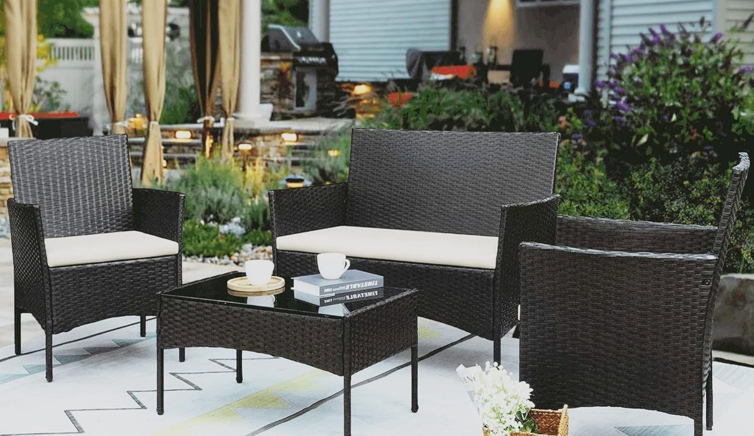 4 PCS Outdoor Patio Conversation Furniture Set with Cushions