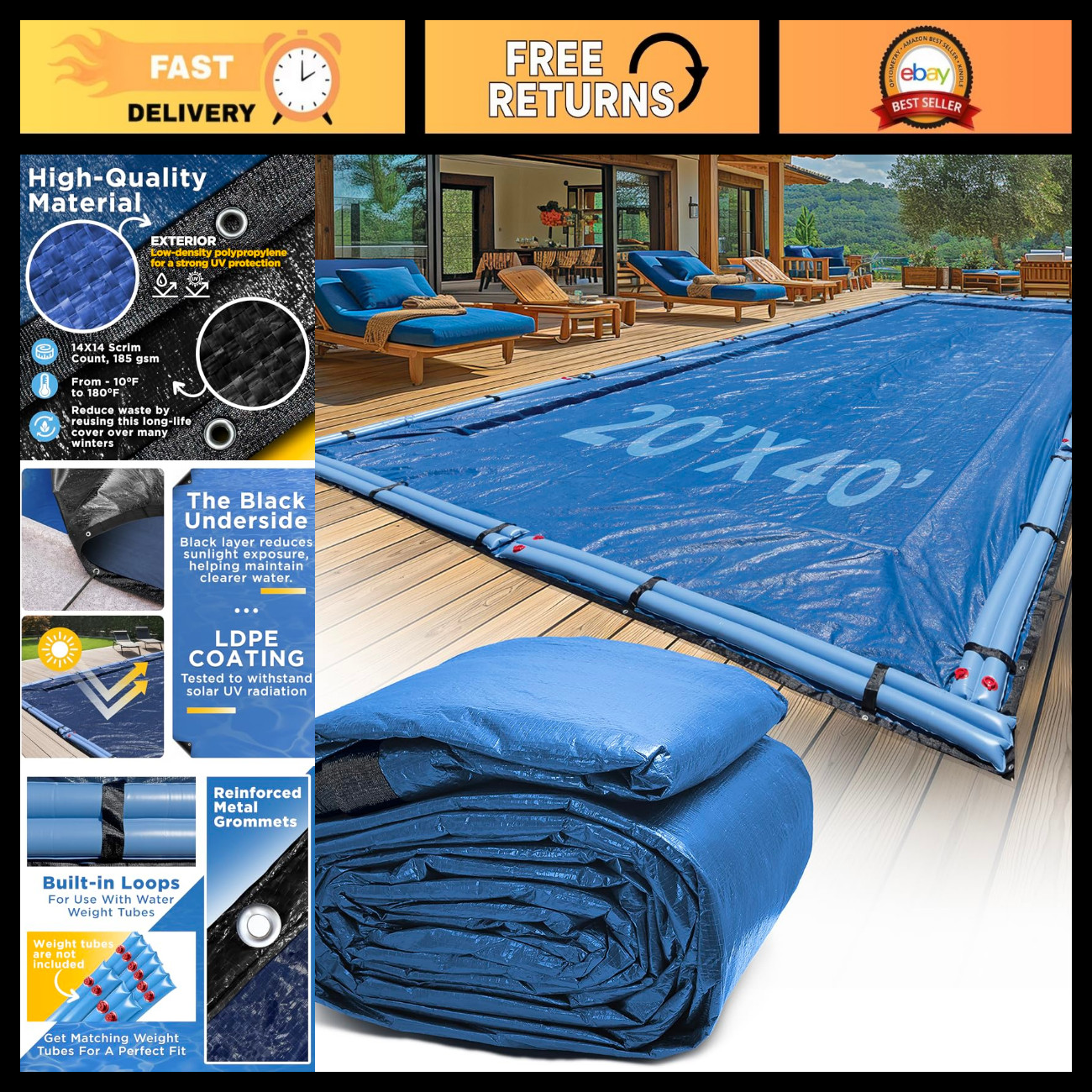 Heavy Duty 20x40 ft Rectangle Inground Pool Cover - Premium Royal Blue Protectio