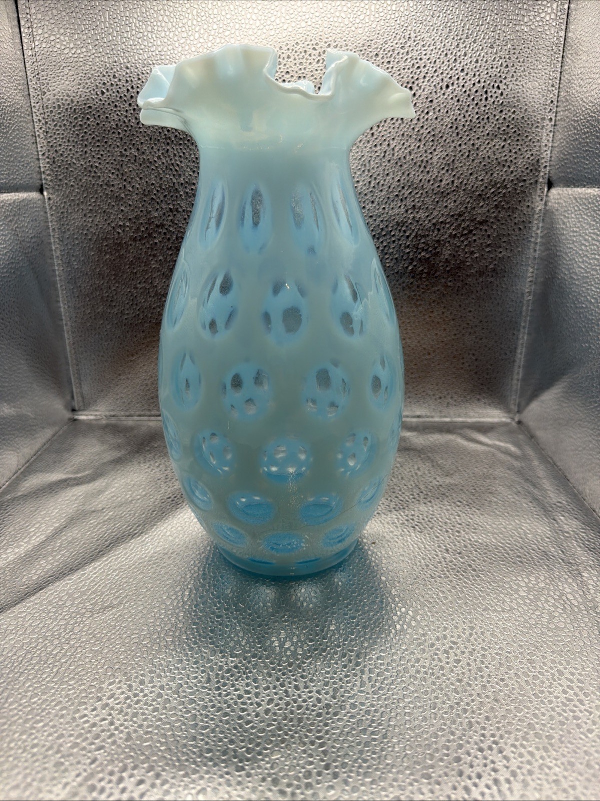 VTG Fenton Opalescent Blue Dot Optic 10 Inch Vase With Ruffled Top