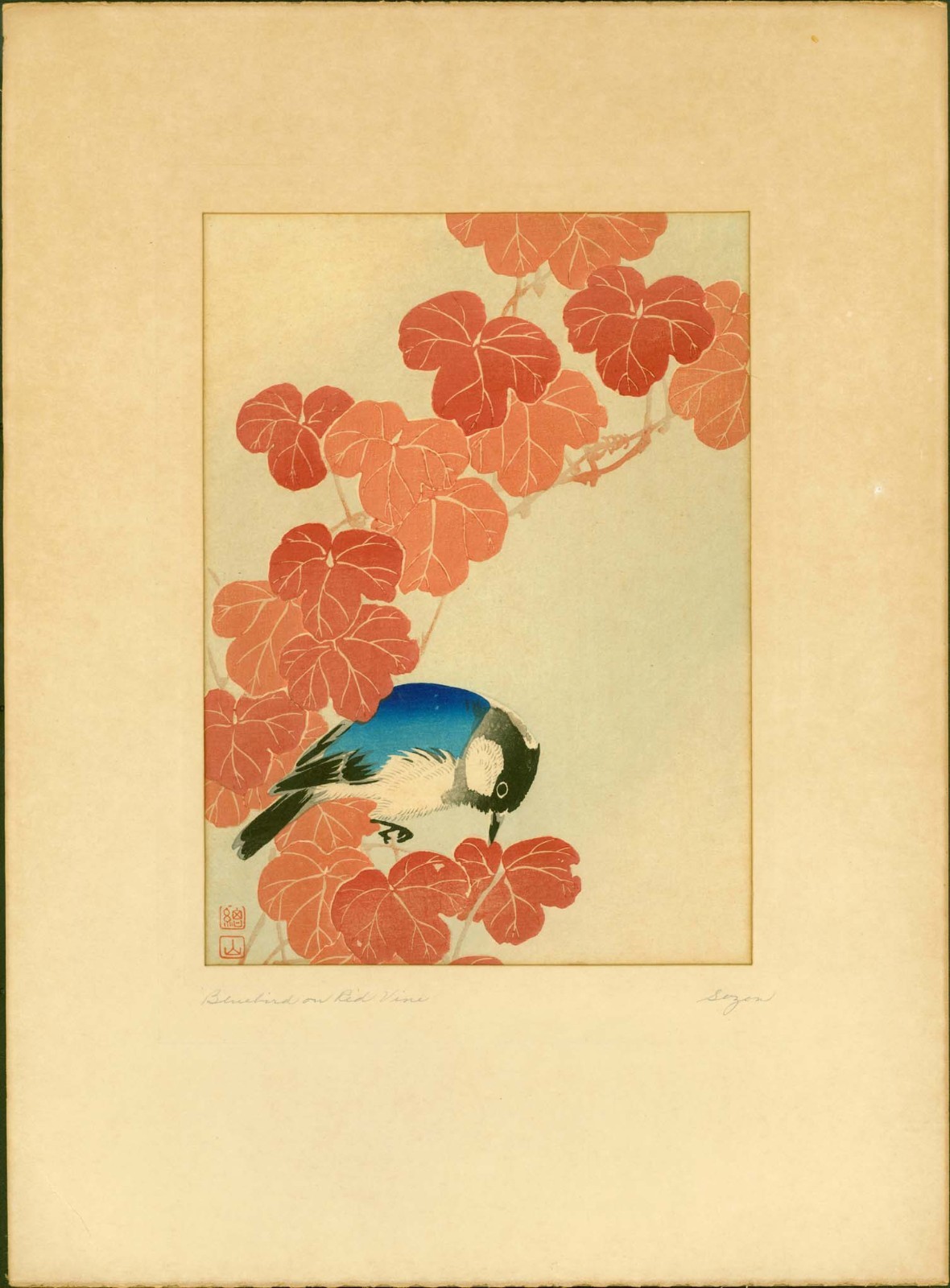 Ito Sozan Japanese Woodblock Print - Blue Bird and Autumn Leaves Pre-1936