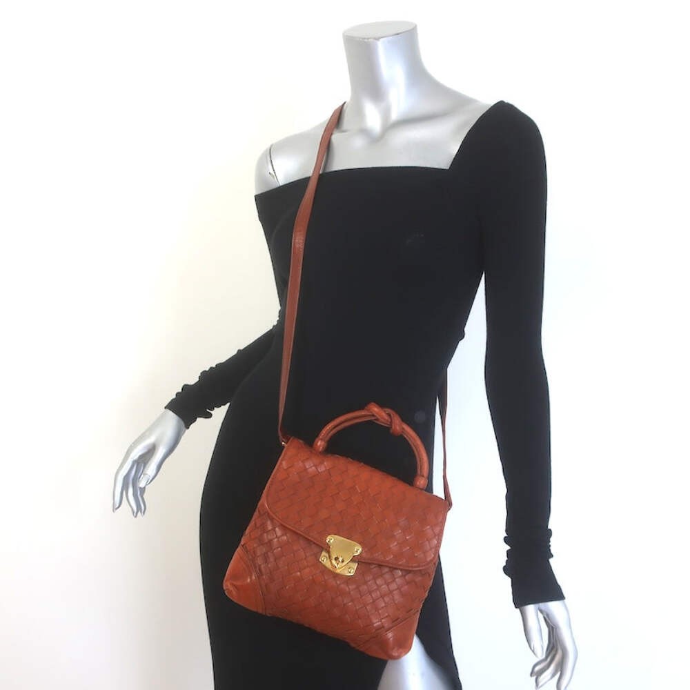 Vintage Bottega Veneta Intrecciato Top Handle Turn Lock Bag Brown Crossbody