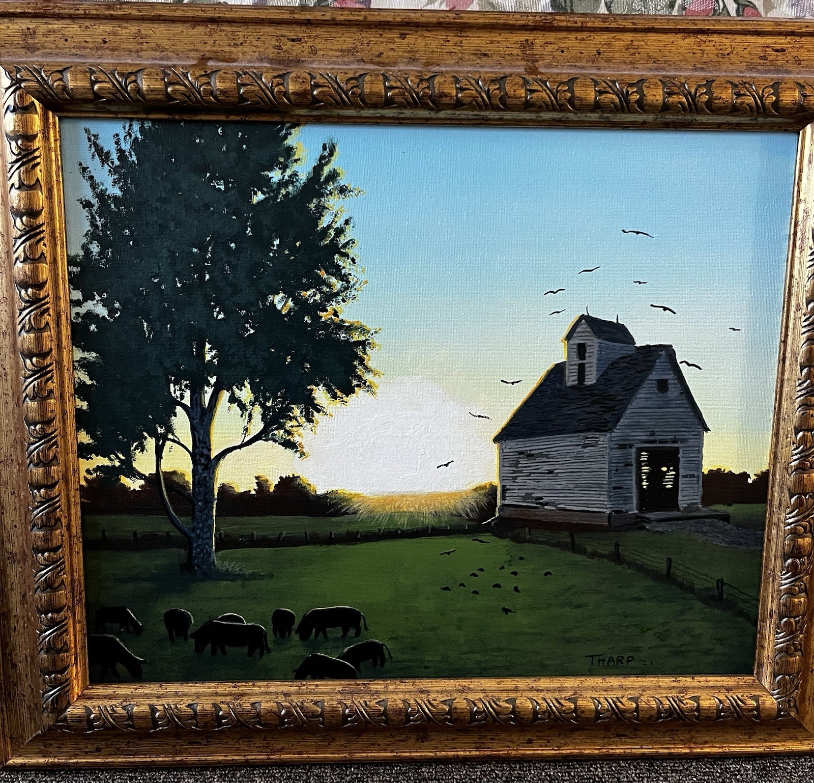 ORIGINAL ACRYLIC PAINTING/ FRAMED/SHED/TREE/Birds/Cattle, 20.5 X 17in 