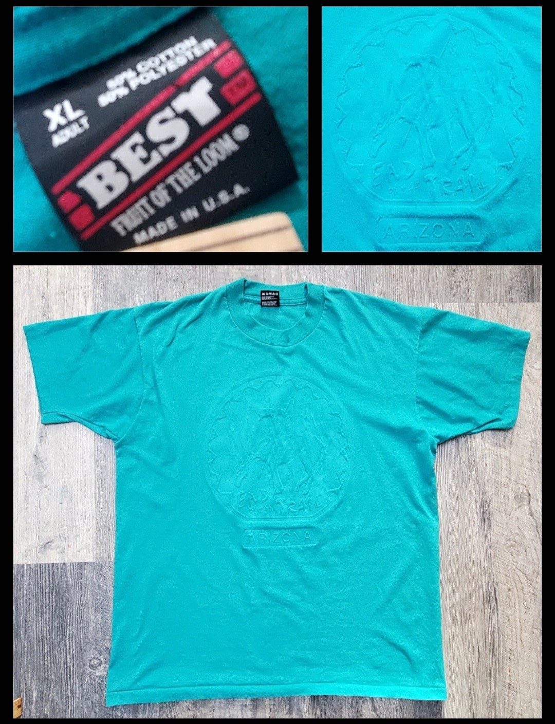 Vintage 90\'s Arizona Single-Stitch Fruit Of The Loom BEST T-Shirt~Turquoise~XL