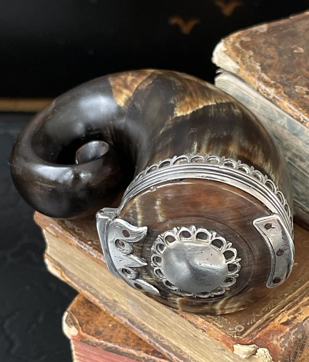 Rare 18C Scottish Solid Silver Unmarked Ram Horn Snuff Mull Vessel Georgian
