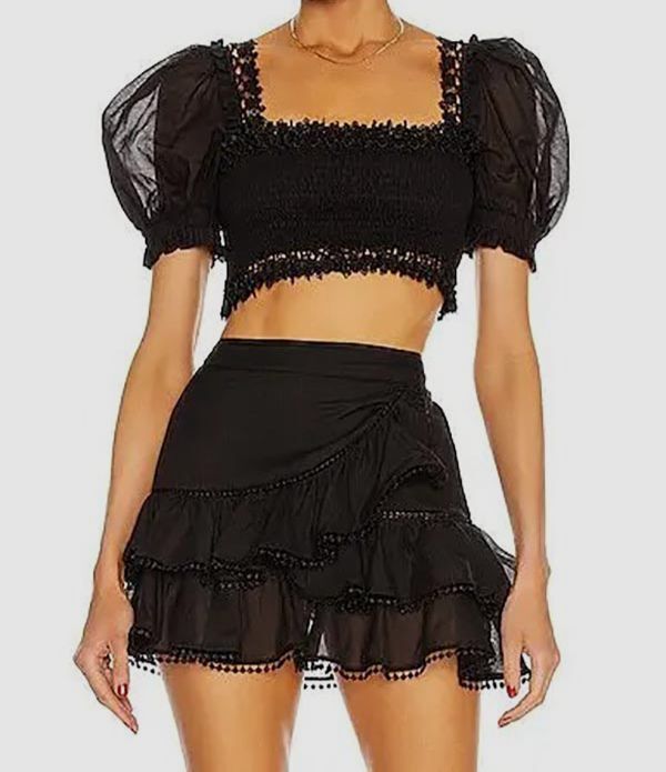 $291 Charo Ruiz Ibiza Women\'s Black Judy Tied Smocked Cropped Blouse Top Size S