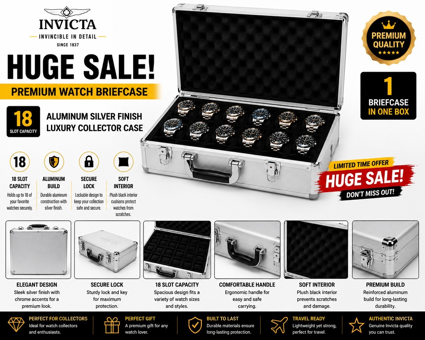 Invicta 18 SLOT Aluminum SILVER Finish Luxury Briefcase Watch Collector Case