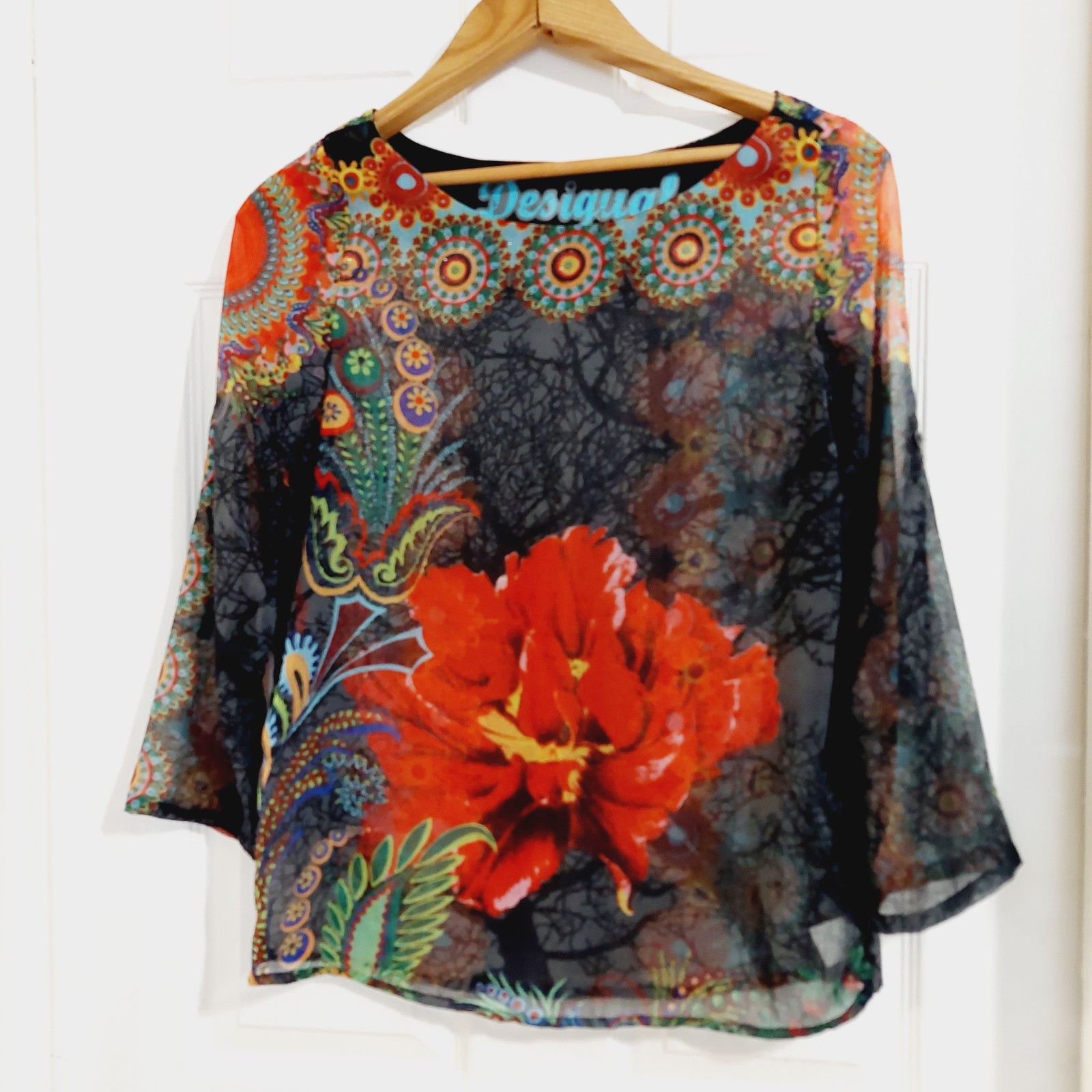 Desigual Women\'s Sheer Blouse Floral Top Tunic Long Sleeve Patchwork Print India