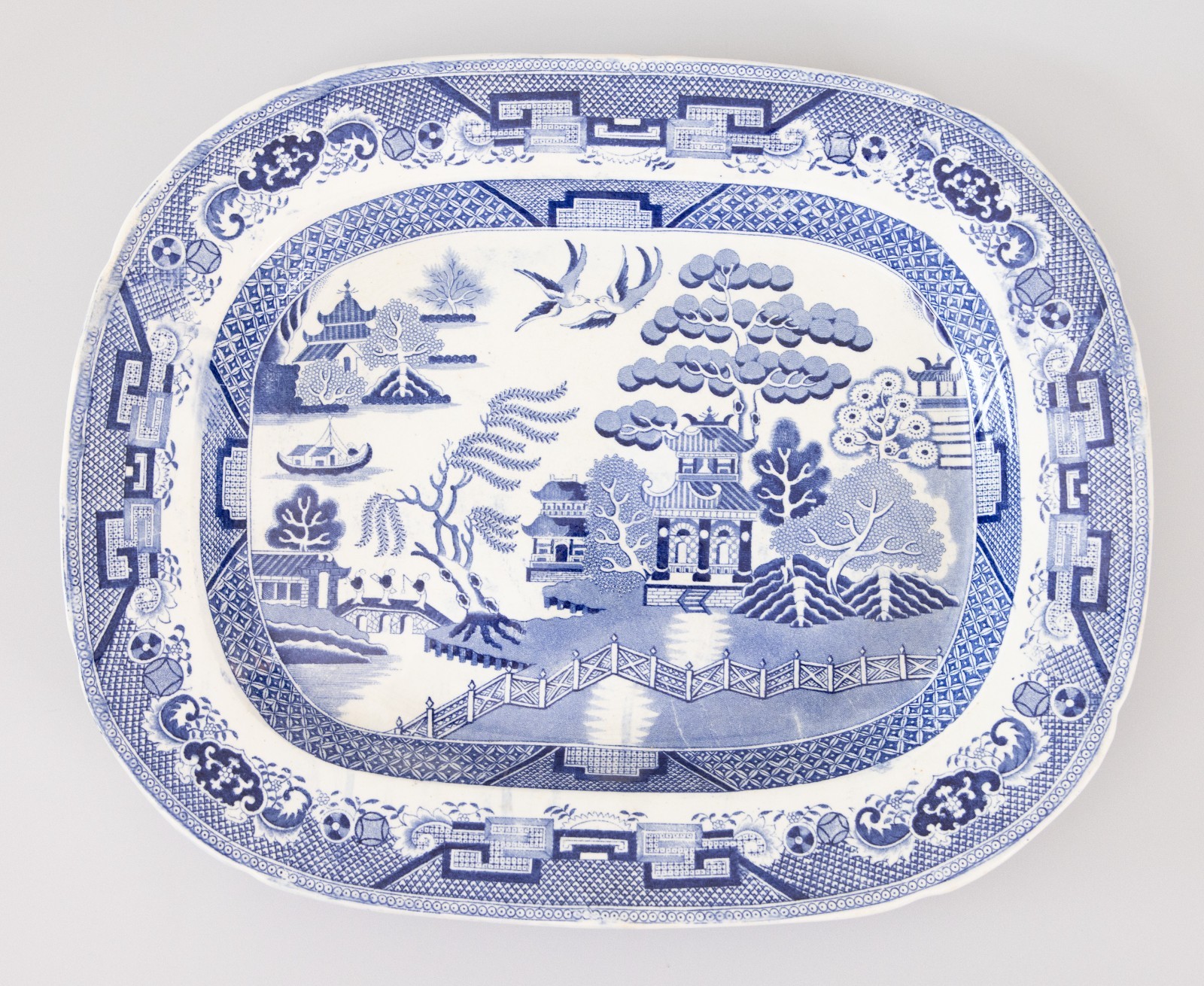 Large 19th Century English Staffordshire Ironstone Blue Willow Platter 18.5