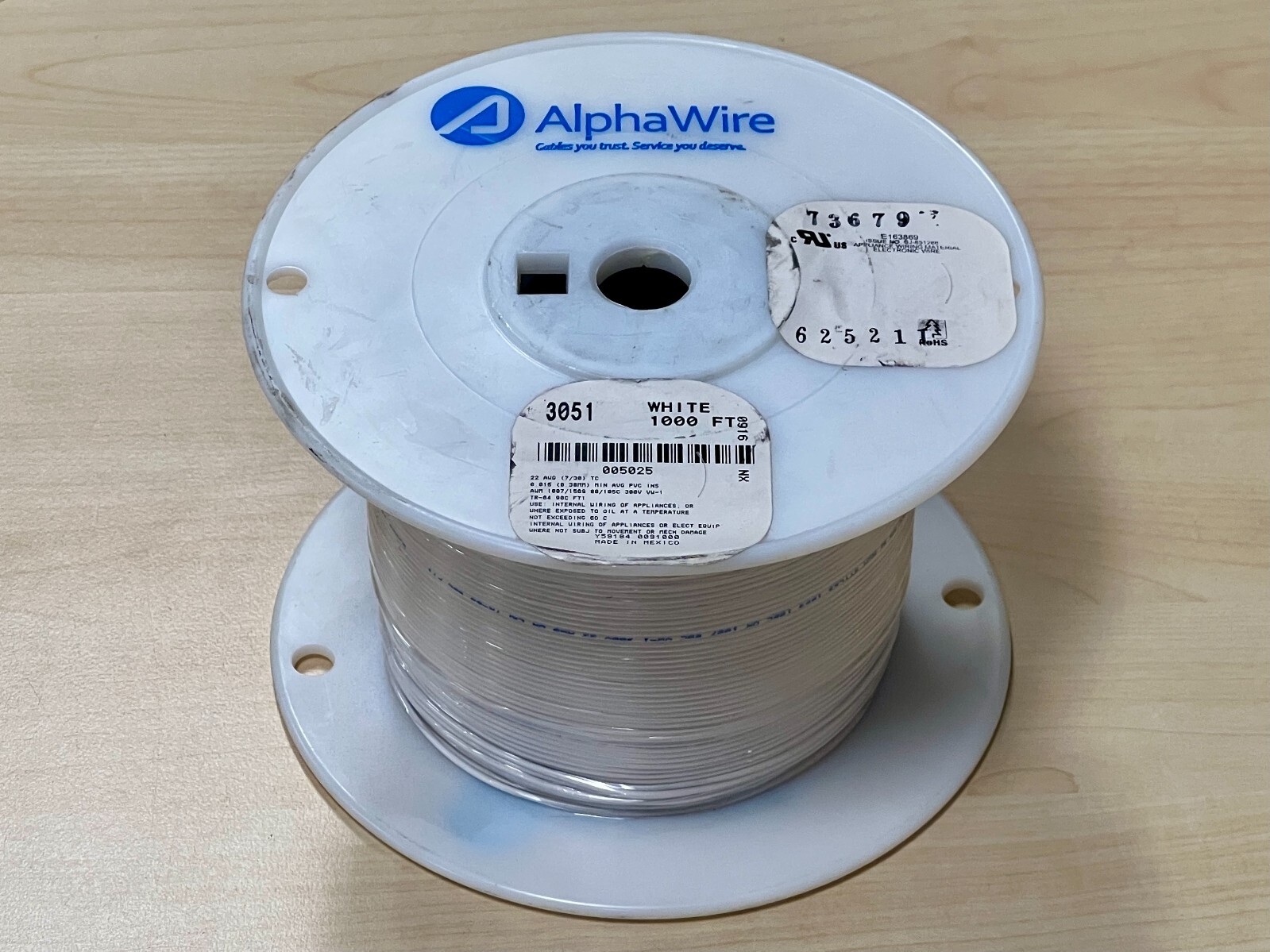 Alpha Wire 3051 WH001 22 AWG White Tinned Stranded Copper Hook Up 1000 FT Spool