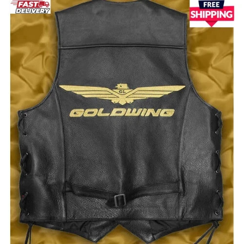 Biker Goldwing Black Genuine Cowhide Leather Motorcycle Rider Men\'s Laces Vest