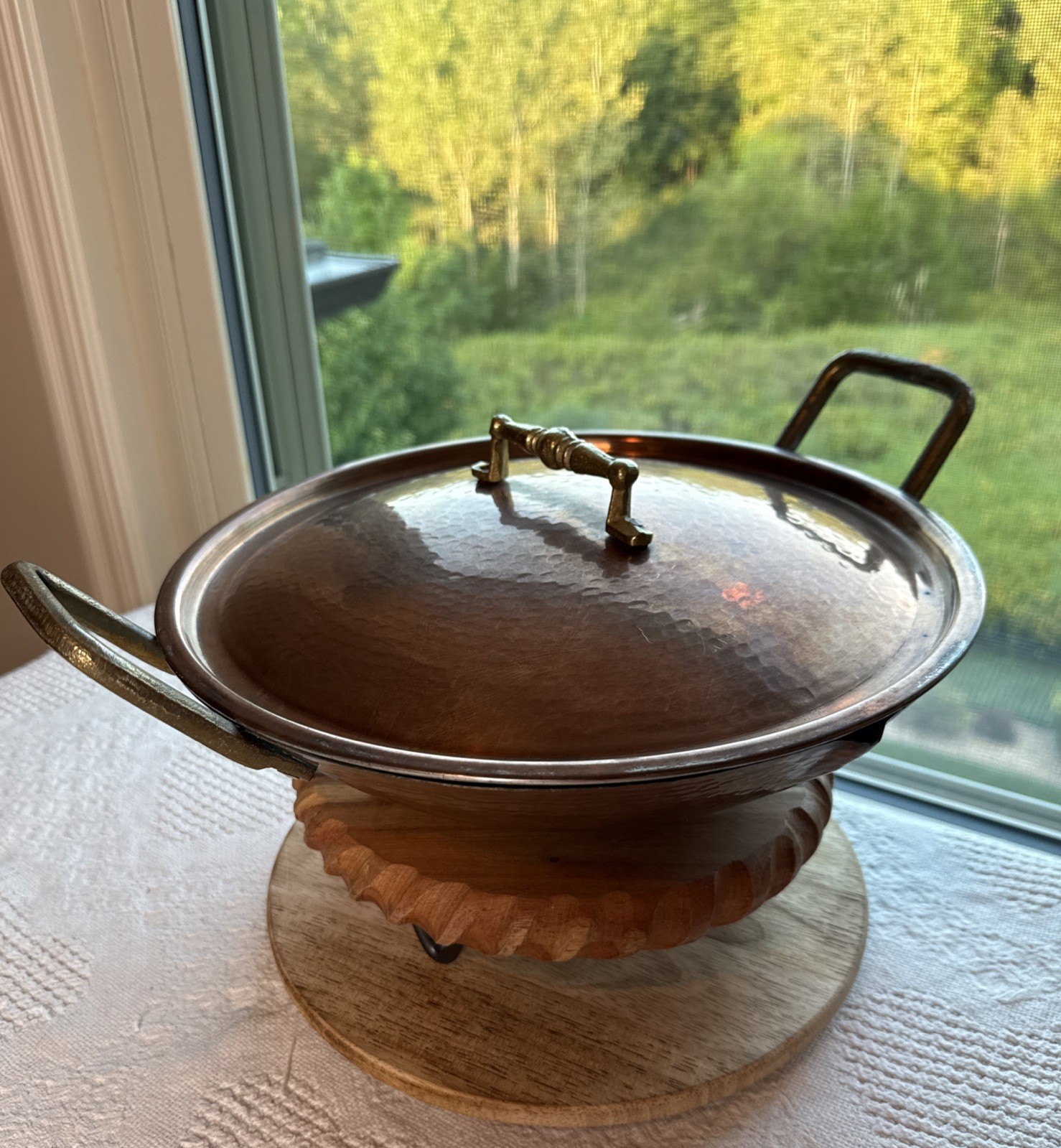 Antique Heavy Copper Round Pot with Lid Brass Handle Pour Spout 12” Rustic
