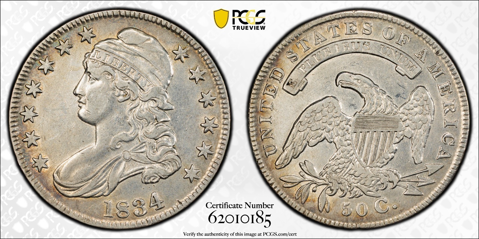 1834 50C O-107 CAPPED BUST HALF PCGS XF DET. (CLEANED) JUST GRADED 