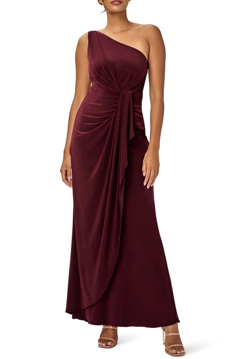 NWT Adrianna Papell One Shoulder Gown Red Wine Burgundy Jersey Dress Maxi 8