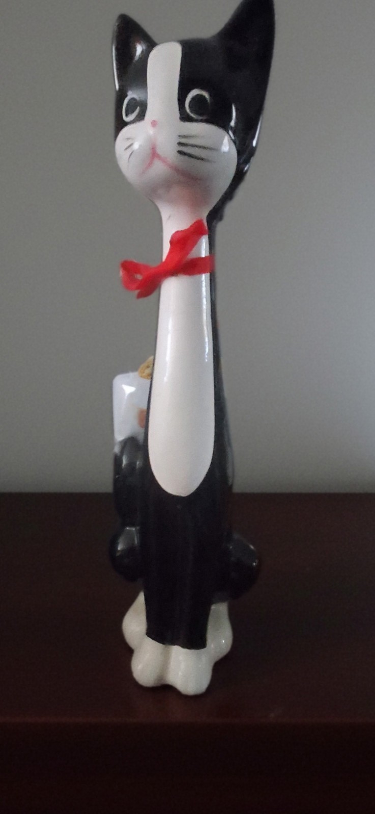 Vintage Mid-century Modern [MCM] Long- Neck Black N White Tuxedo Cat Figurine