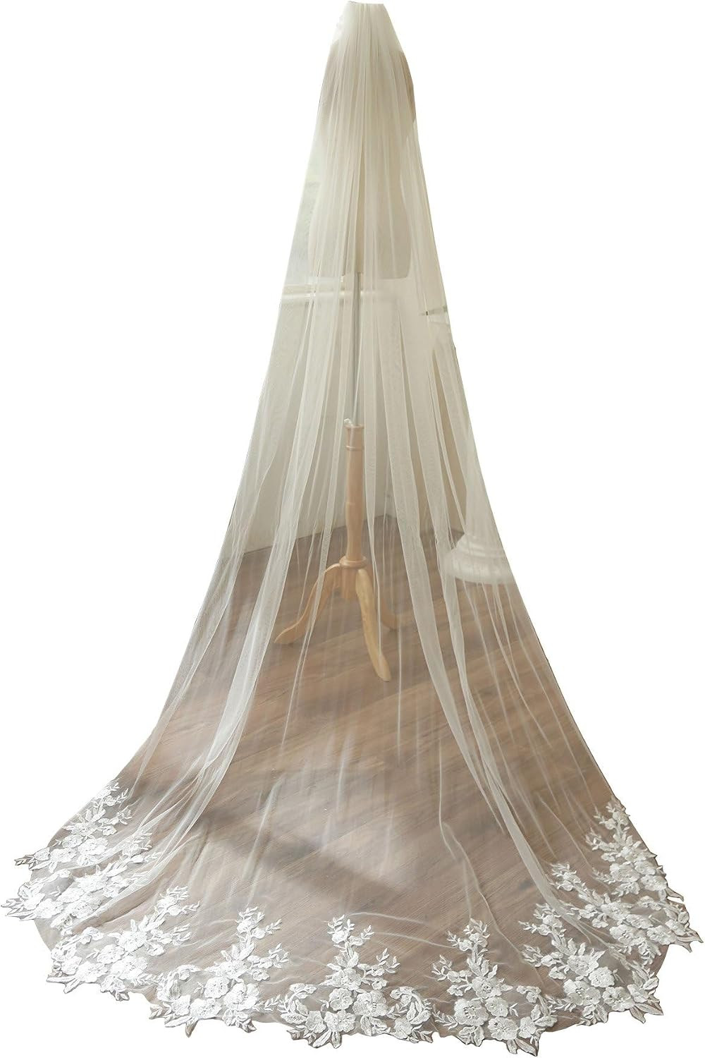 Chapel Length Sequin Lace Floral Wedding Bridal Veil with Comb