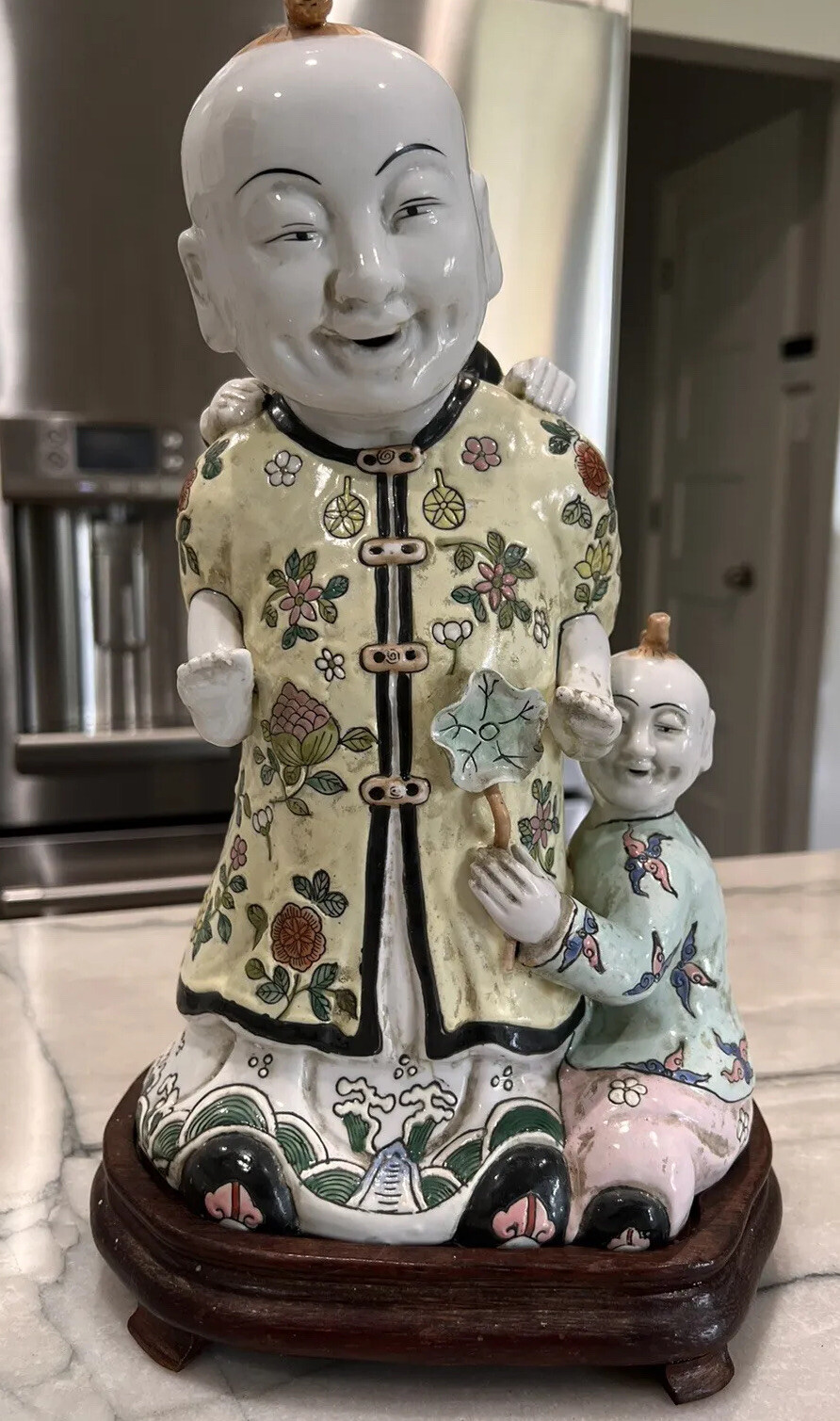 Large Hand Painted Porcelain Figurine Chinese Man with Two Children With Base Large Hand Painted Porcelain Figurine Chinese Man with Two Children With Base