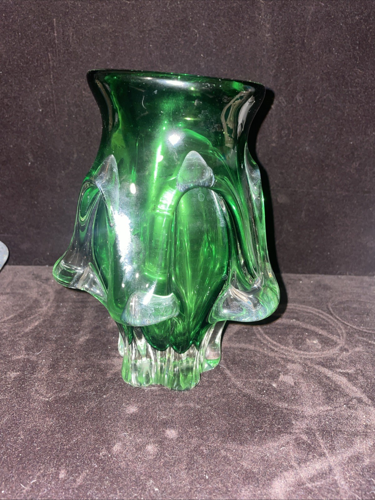 Vintage Murano Like Abstract Vase Green+clear 8 Inches Tall