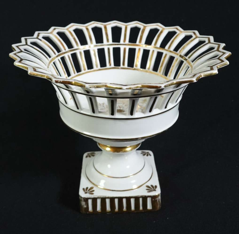 Vintage Reticulated Porcelain Compote Bowl White W/ Gilt Accents M-605 Pedestal
