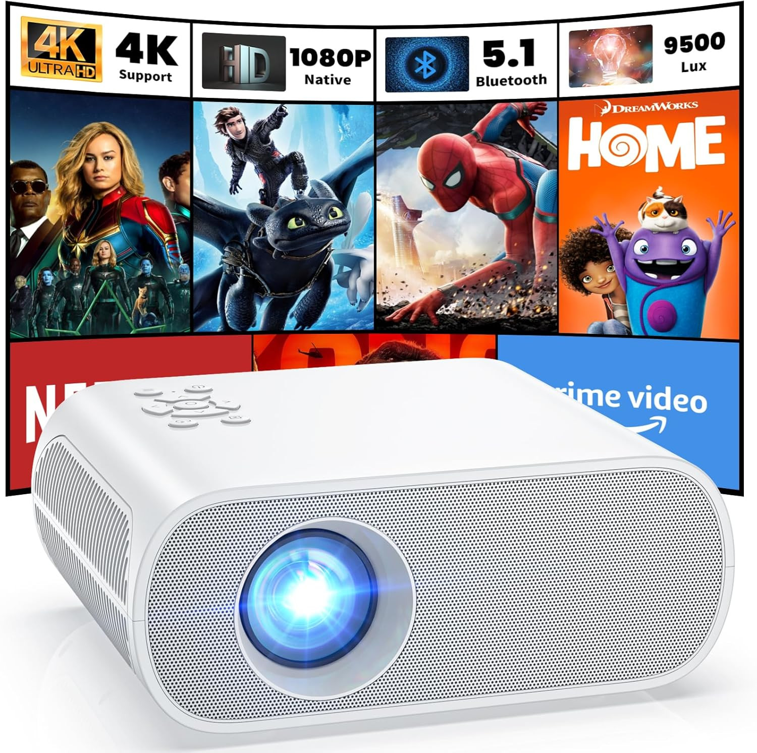 Projector, Native 1080P Full HD Bluetooth Projector with Speaker, 9500 Lumens Ou