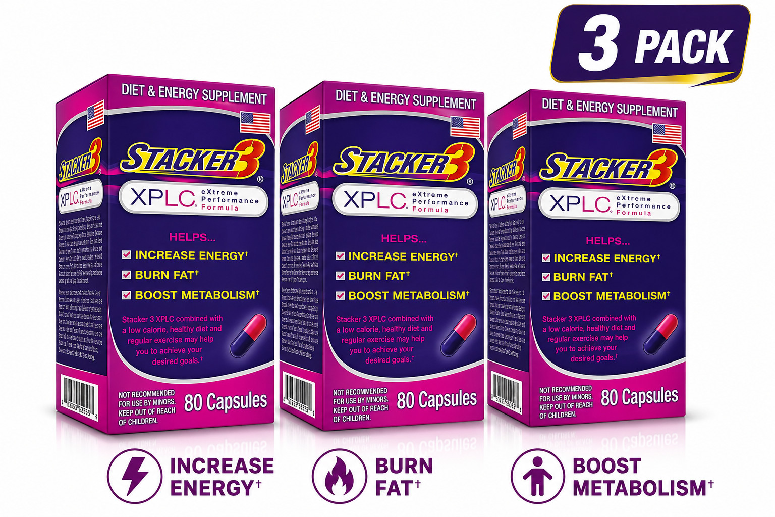 Stacker 3 XPLC 80 Capsules/Bottle (Lot of 3X Bottles) =240 Capsules
