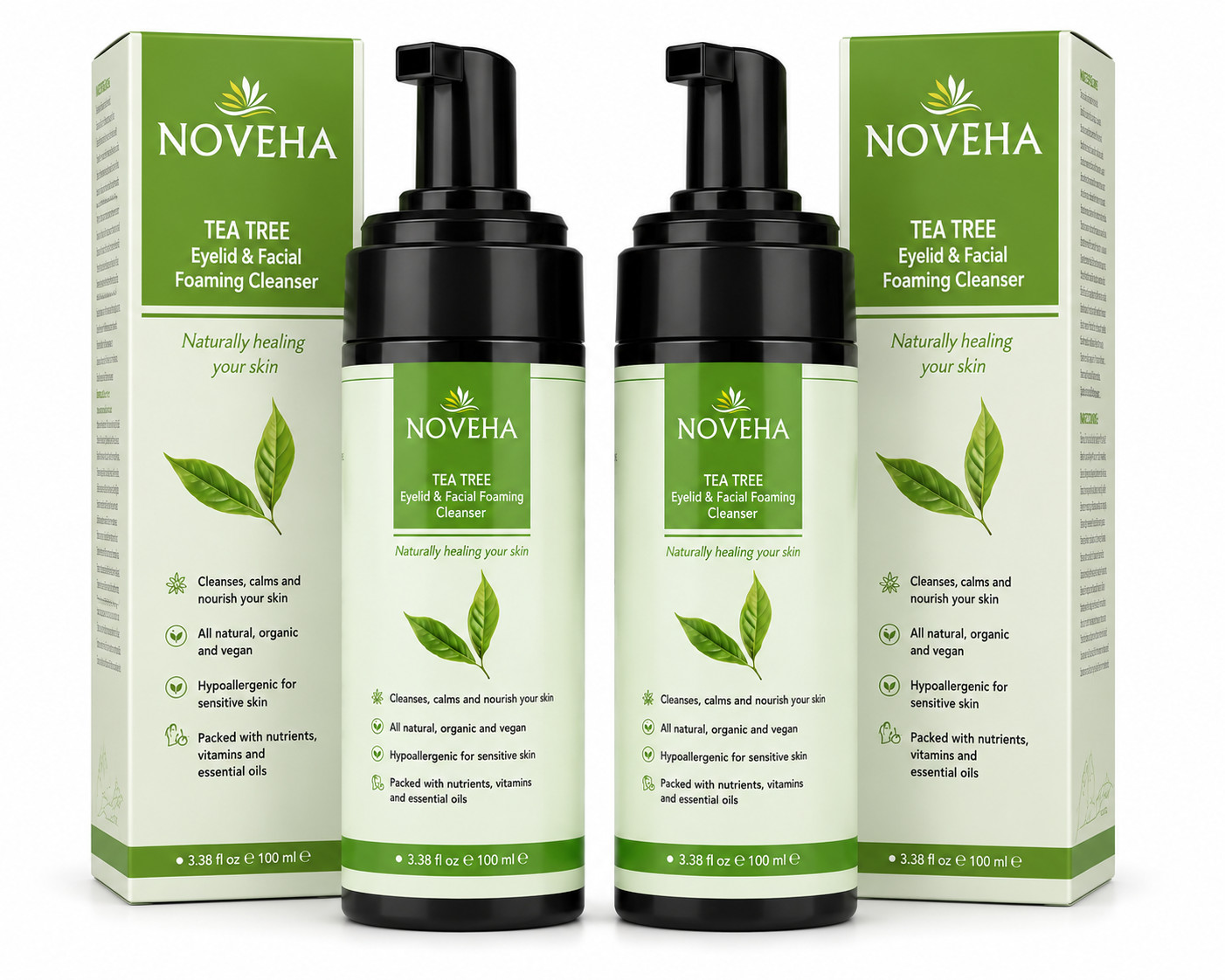 2 Pack Noveha Tea Tree Oil Foaming Face Cleanser 3.38 oz (x2) Gentle Skin Wash