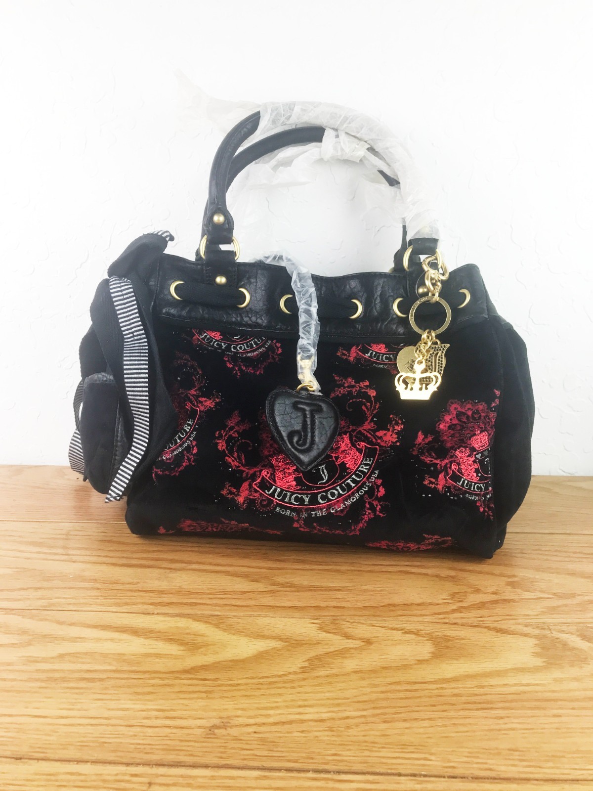 VTG Juicy Couture Black Velour Faux Leather Handbag Purse Y2K Collector Bag  NWT