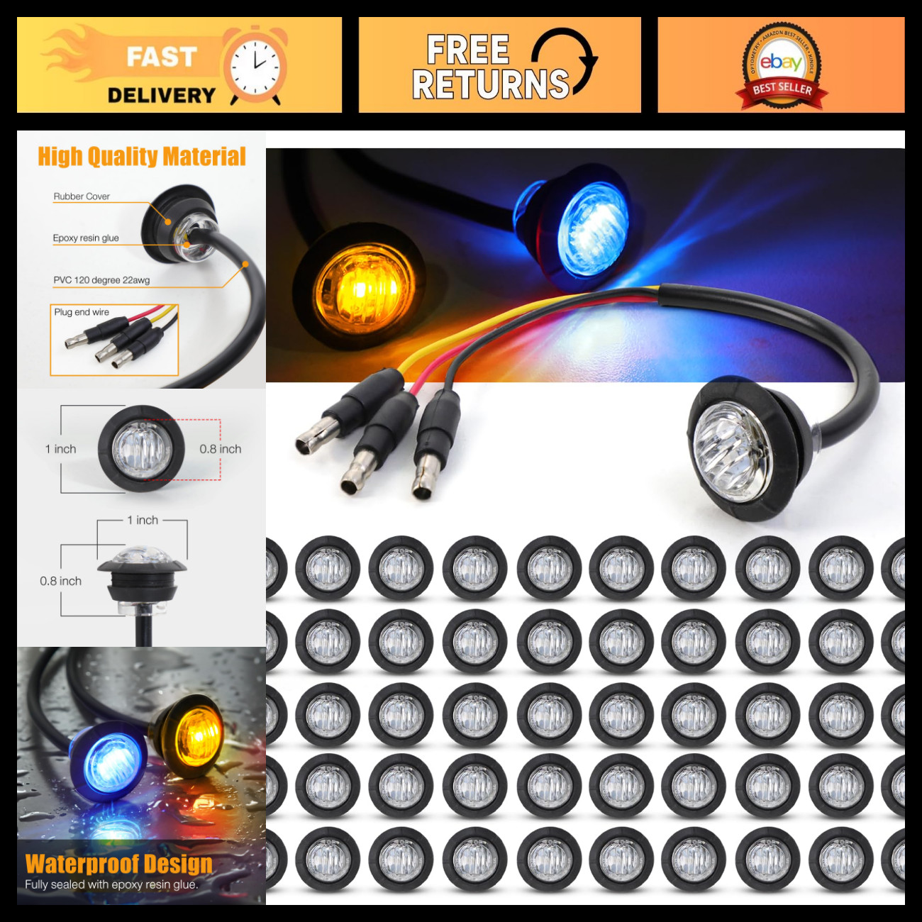 50 Pcs Mini Round 2 LED Amber Blue Side Marker Lights 12V for Truck Boat Trailer