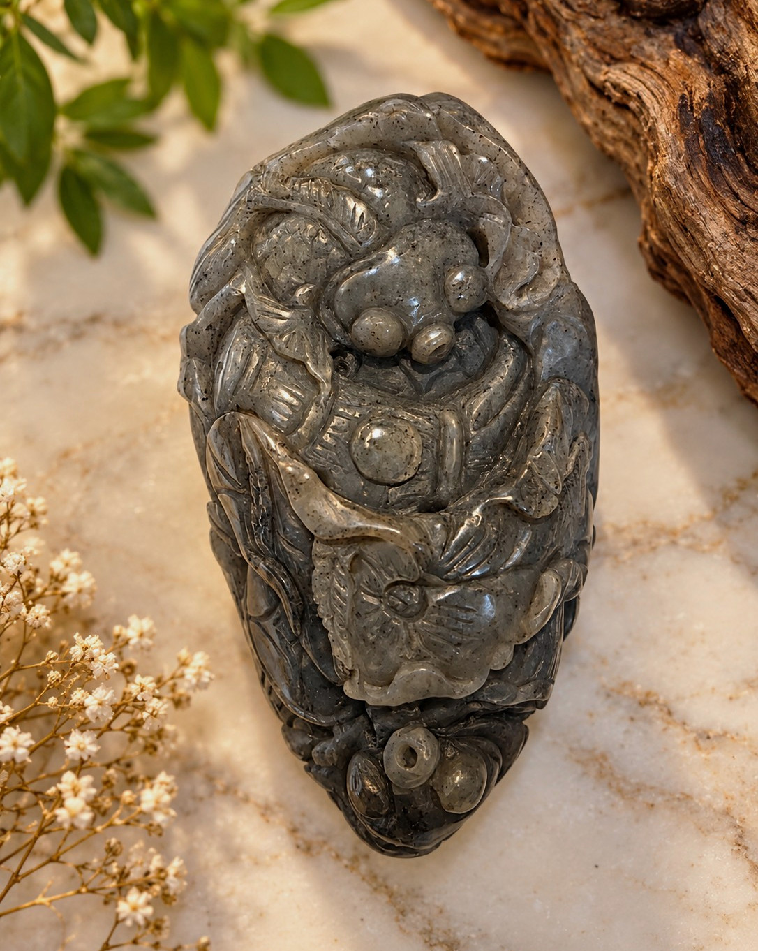 Large Chinese Hetian Nephrite Jade Fish Lotus Carved Pendant 4.2