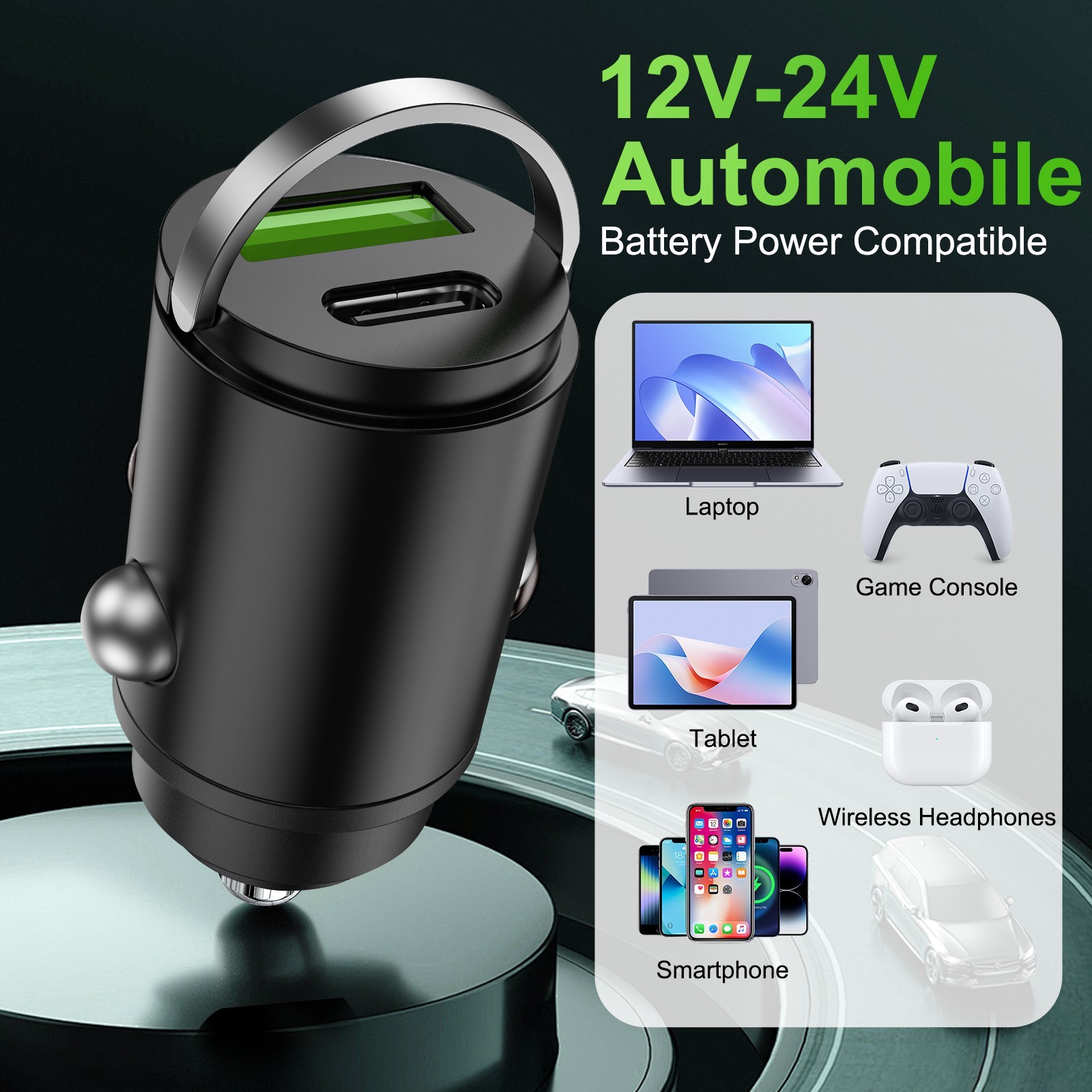 100W Super Fast Car Charger 2-in-1 w/ Pull Ring Design Low Profile USB C PD USB