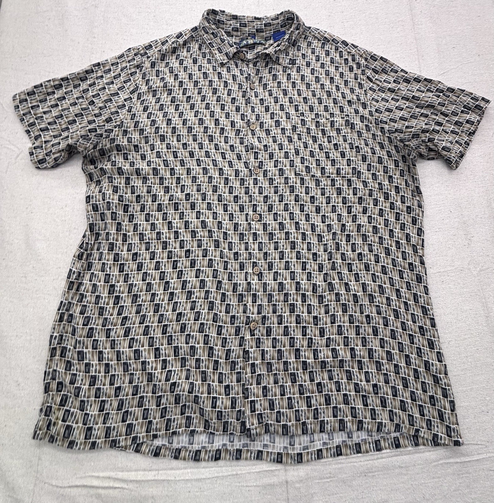 Vintage Campia Moda Rayon Shirt Men Black Tan  Geometric Print Size XL