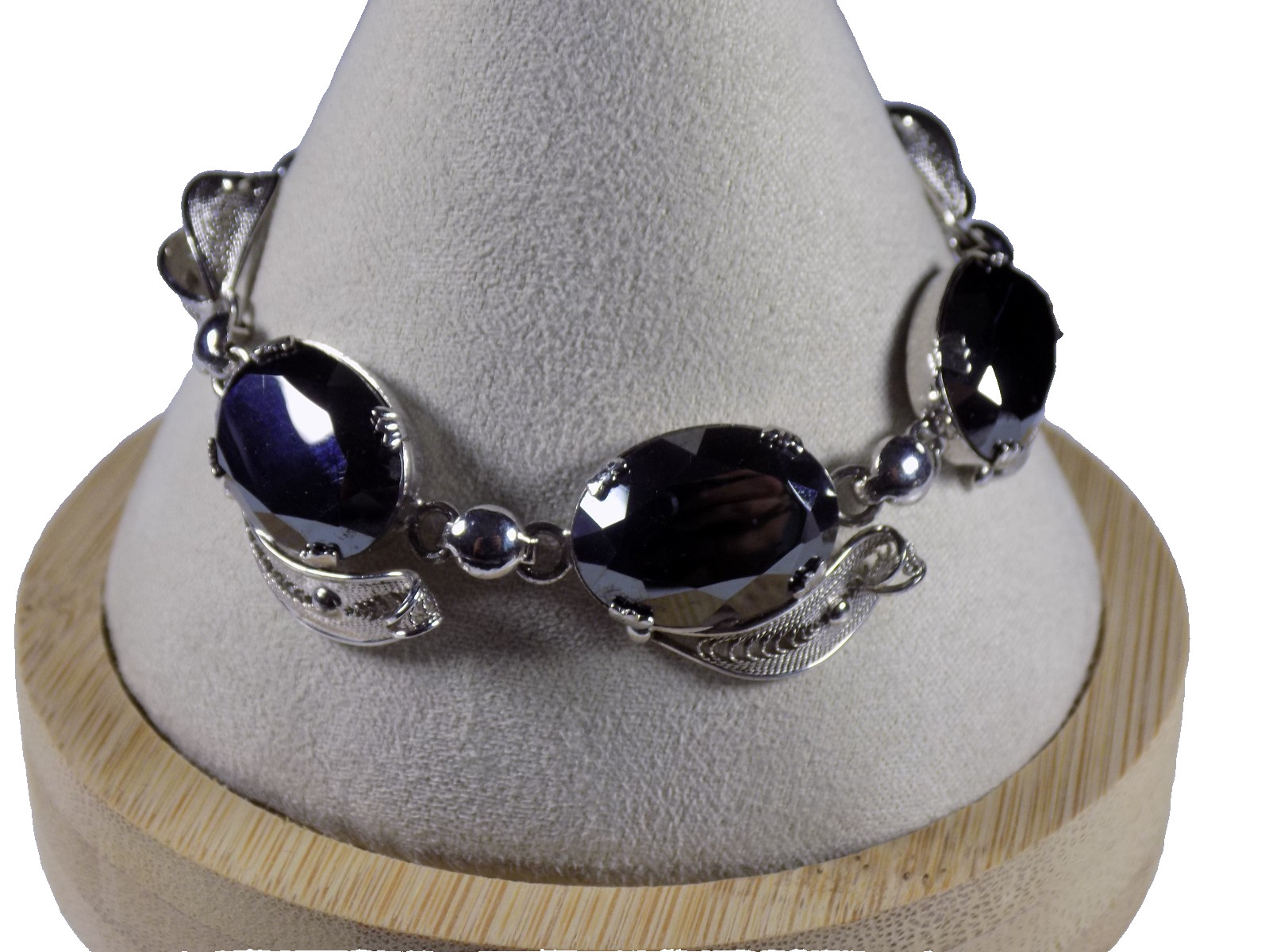 Vintage Sorrento Sterling Silver Bracelet Hematite Filigree Leaf Safety Chain 7