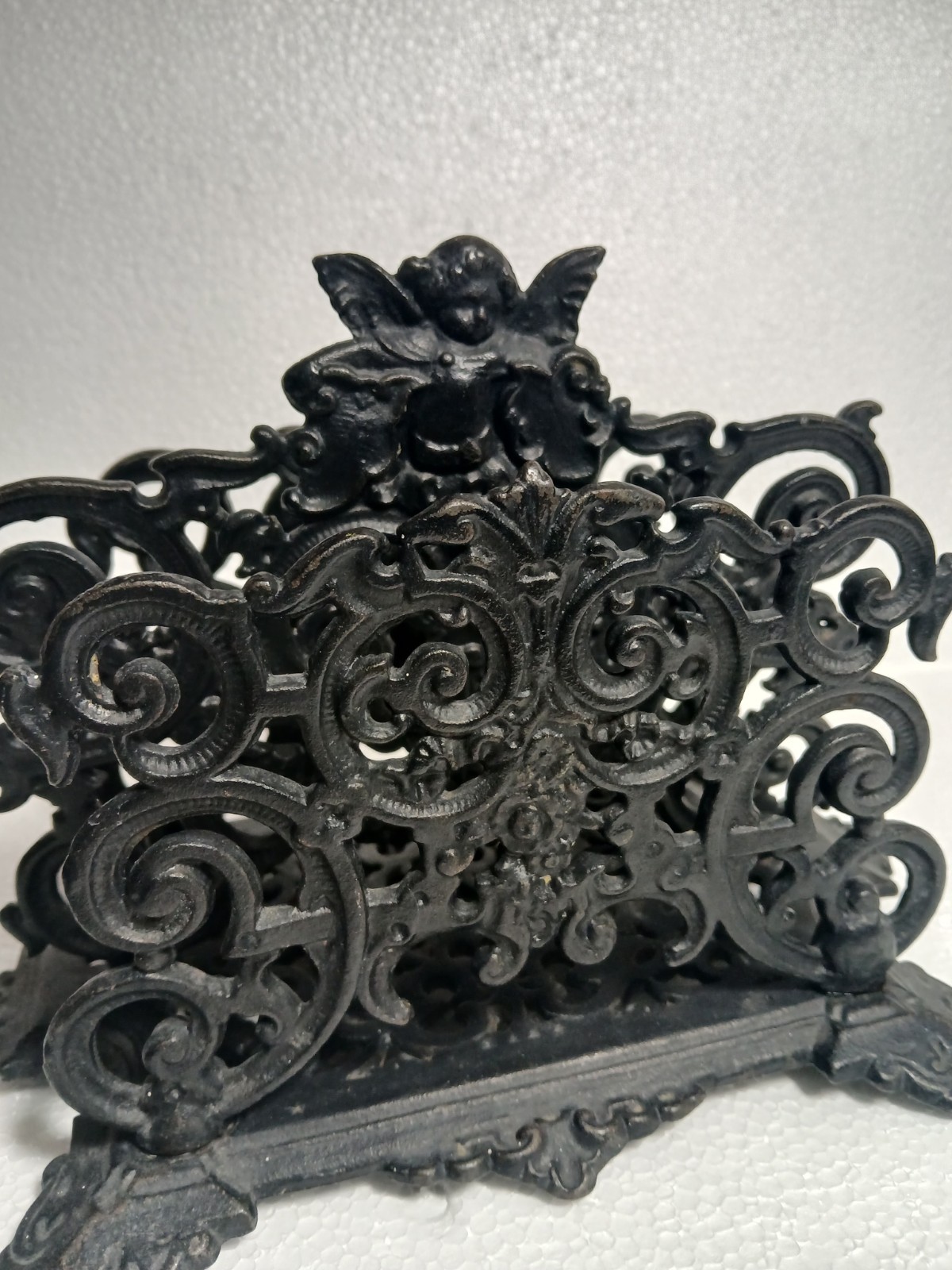 Vtg Antique Black Cast Iron Napkin Letter Holder Angel Cherub Ornate Iron Art Vtg Antique Black Cast Iron Napkin Letter Holder Angel Cherub Ornate Iron Art