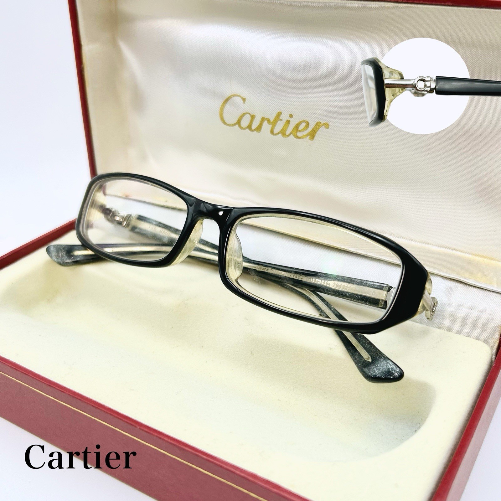 Authentic Cartier C Decor Square Glasses Frame Black Clear Silver 53-19 France