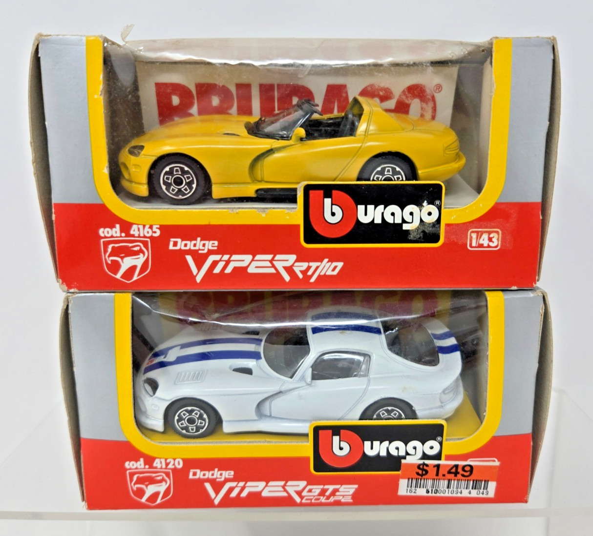 LOT of 2 Vintage BBurago Dodge Viper 1/43 Scale Diecast Cars RT/10 GTS Coupe NOS
